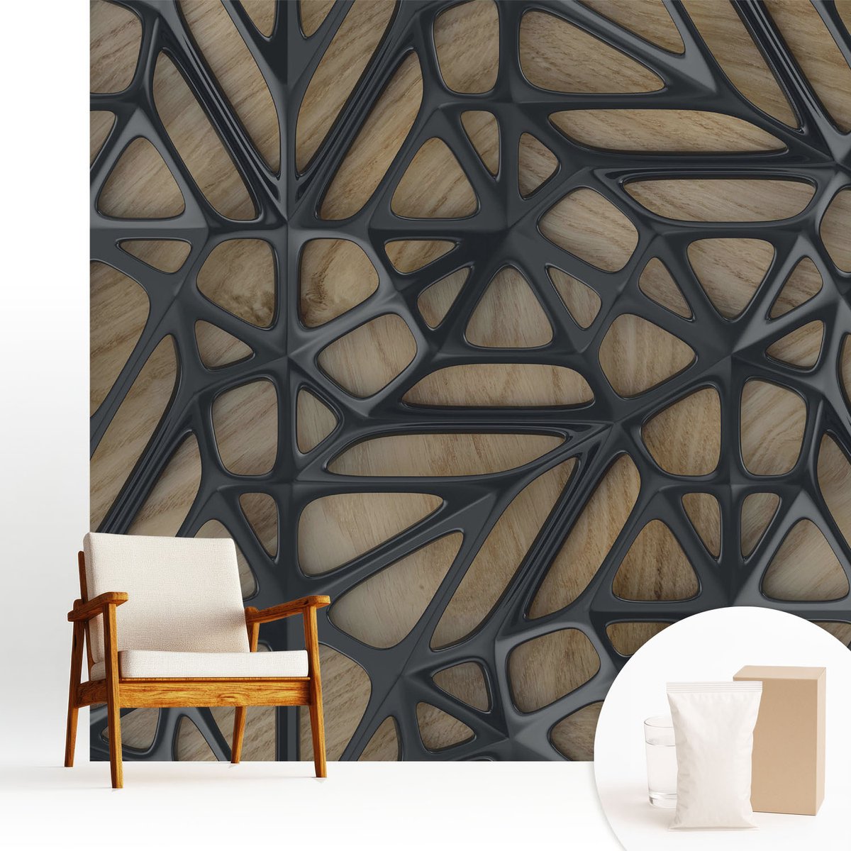 Wallfluent Fotobehang - Beige Vliesbehang - 250x250 cm - Houten Net Fotobehang Vlies - Hal behang Abstractie - Muurschildering - Woonkamer behang