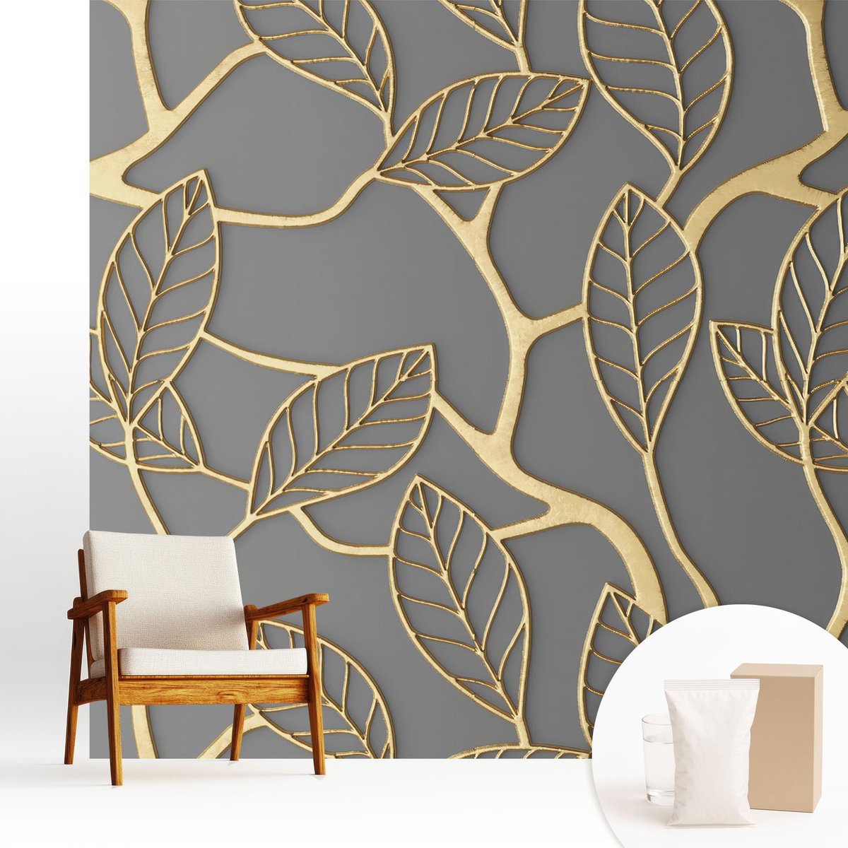 Wallfluent Fotobehang - Grijs Vliesbehang - 250x250 cm - Elegante Bladeren Muurschildering - Slaapkamer behang Bloemen En Planten - Fotobehang Vlies - Slaapkamer behang