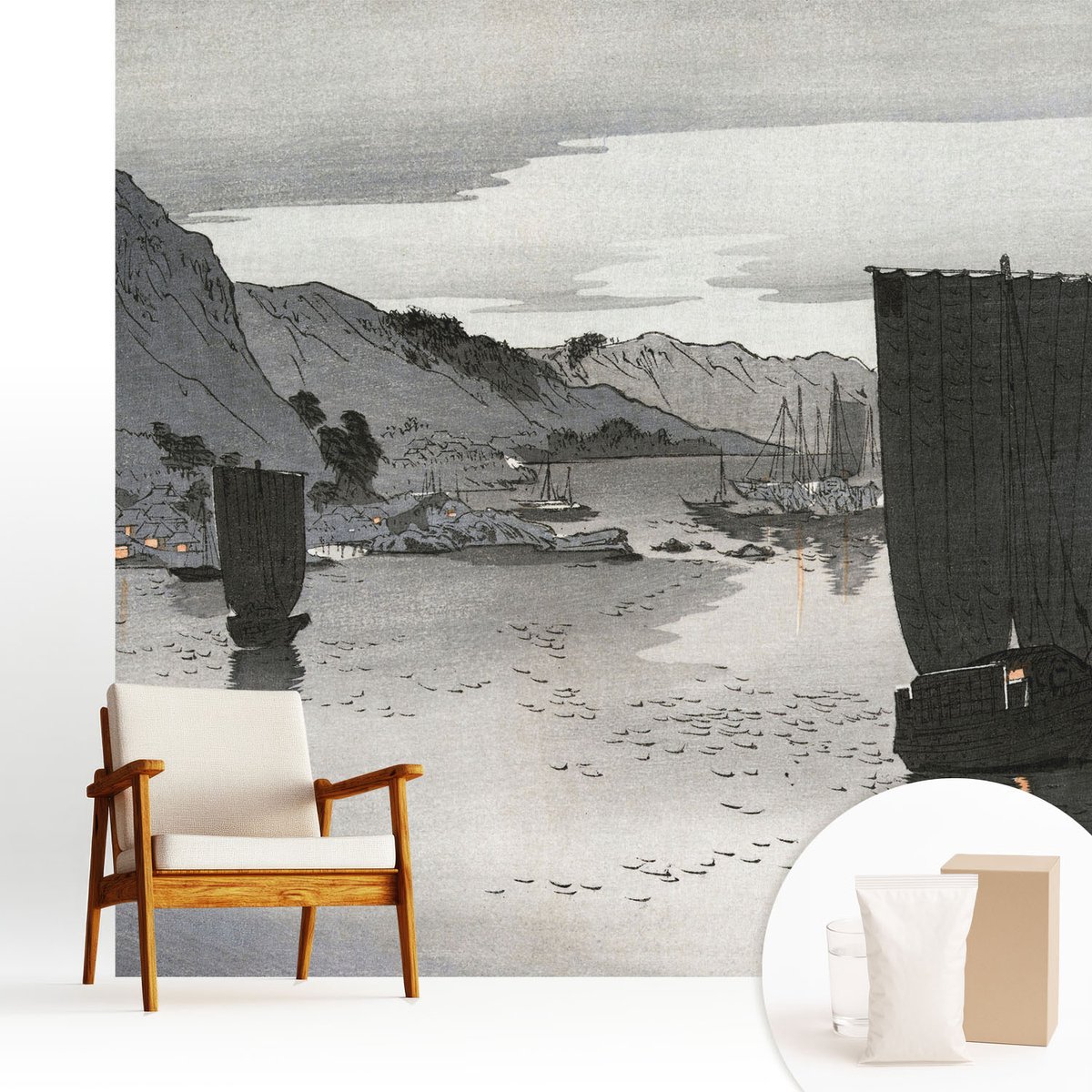 Wallfluent Fotobehang - Grijs Vliesbehang - 250x250 cm - Avondbaai Muurschildering - Slaapkamer behang Landschappen - Fotobehang Vlies - Gang behang