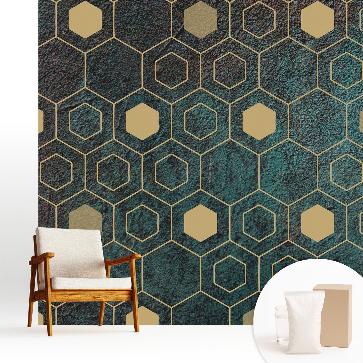 Wallfluent Fotobehang - Groente Vliesbehang - 250x250 cm - Geometrische Zeshoeken Fotobehang Vlies - Woonkamer behang Achtergronden En Patronen - Muurschildering - Woonkamer behang