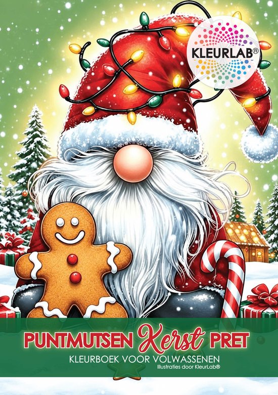 Kerstgnome met kerstverlichting en gingerbread man. 'Puntmutsen Kerst Pret' Kleurboek.
