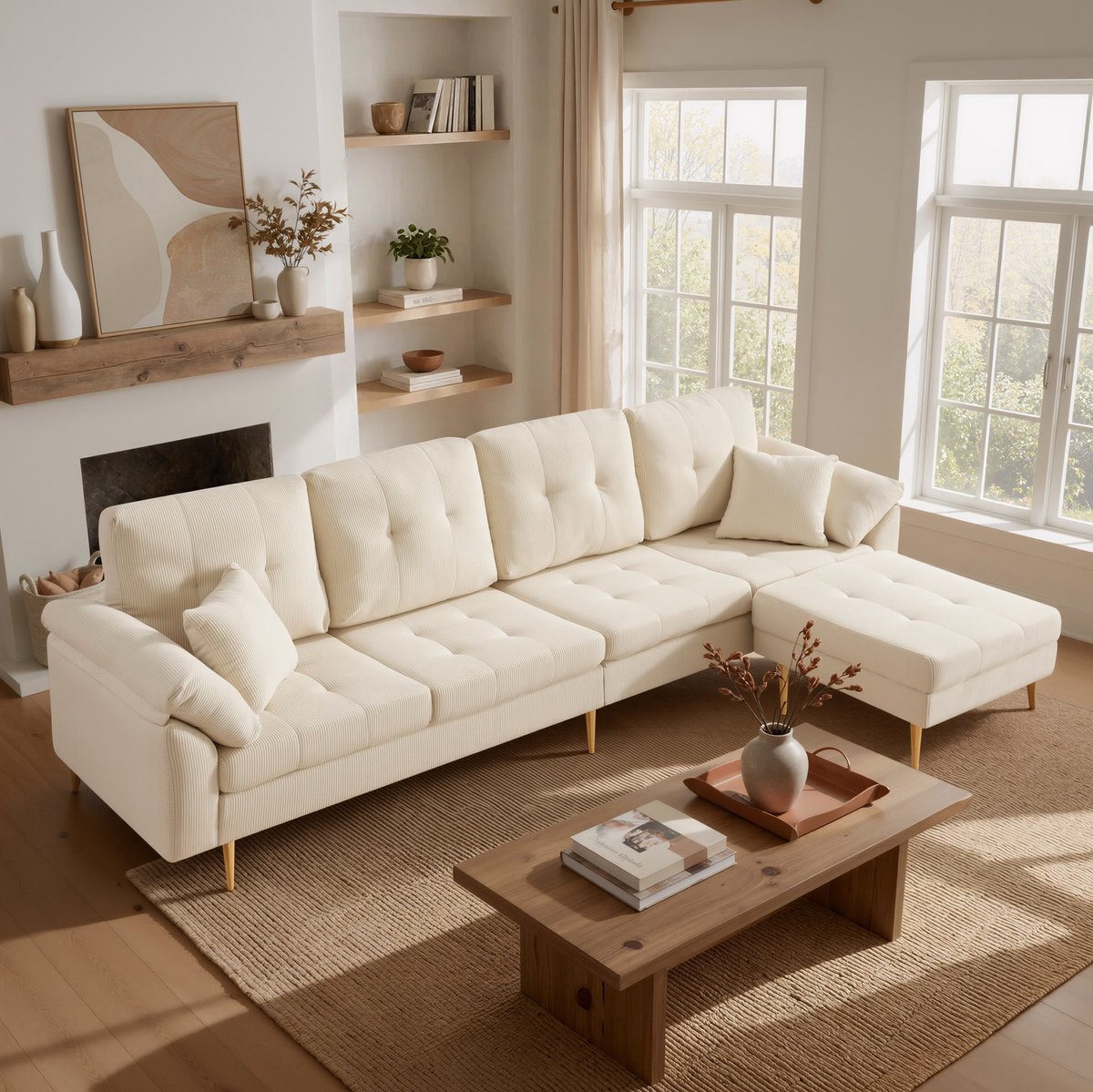 MODENUIT Hoekbank 250 Cm - 4-Zits Met Losse Hocker - L-vorm Links of Rechts - Ribfluweel Lichtbeige
