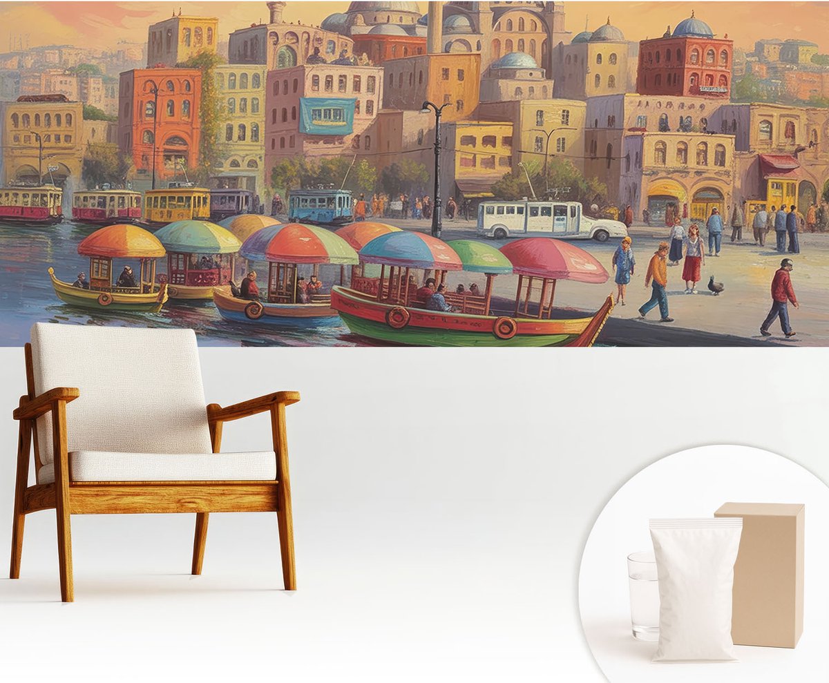 Wallfluent Fotobehang - Zwart Vliesbehang - 250x104 cm - Stedelijke Kust Fotobehang Vlies - Woonkamer behang Steden - Muurschildering - Woonkamer behang