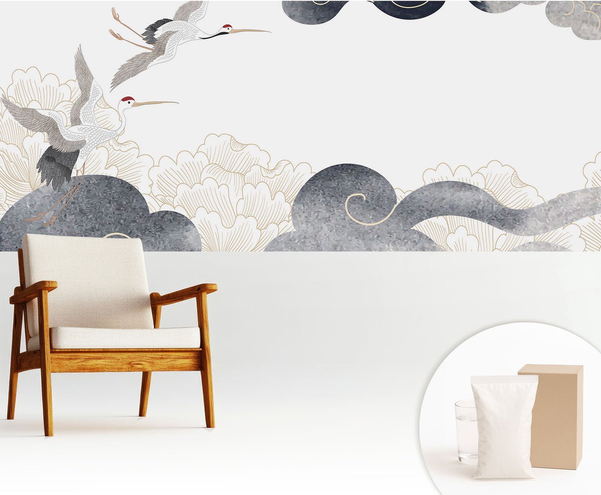 Wallfluent Fotobehang - Wit Vliesbehang - 250x104 cm - Kraanvogels In Vlucht Muurschildering - Gang behang Dieren - Fotobehang Vlies - Slaapkamer behang