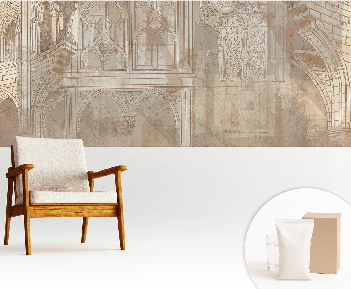 Wallfluent Fotobehang - Wit Vliesbehang - 250x104 cm - Historische Ornamenten Fotobehang Vlies - Woonkamer behang Architectuur - Muurschildering - Woonkamer behang