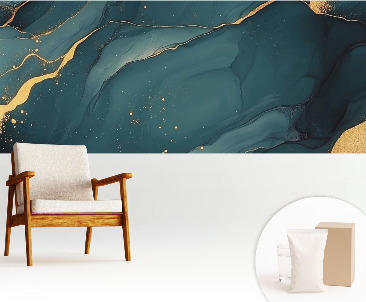 Wallfluent Fotobehang - Turkoois Vliesbehang - 250x104 cm - Donkerblauwe Abstractie Muurschildering - Slaapkamer behang Abstractie - Fotobehang Vlies - Slaapkamer behang