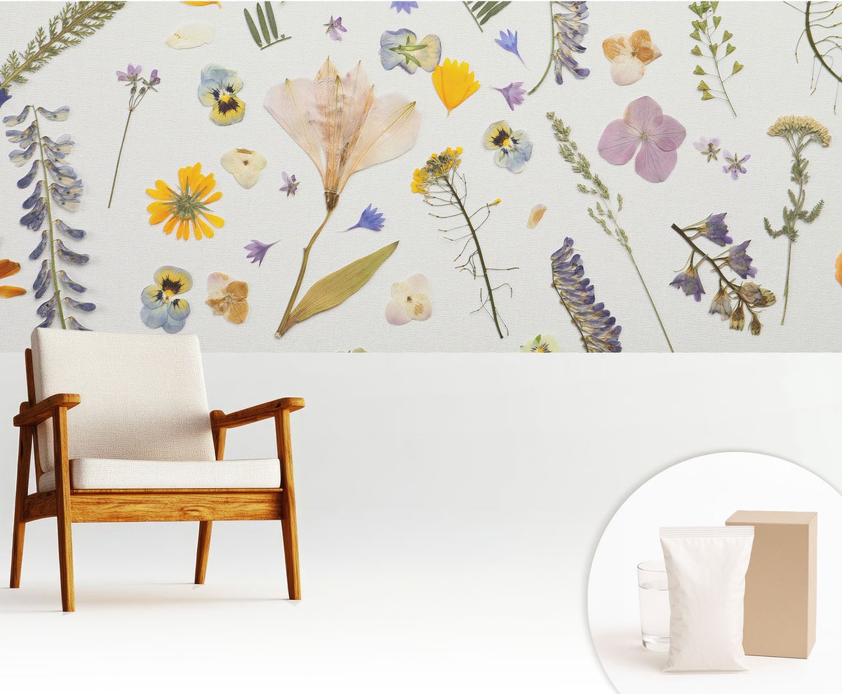 Wallfluent Fotobehang - Wit Vliesbehang - 250x104 cm - Lentebloemen Fotobehang Vlies - Woonkamer behang Bloemen En Planten - Muurschildering - Woonkamer behang