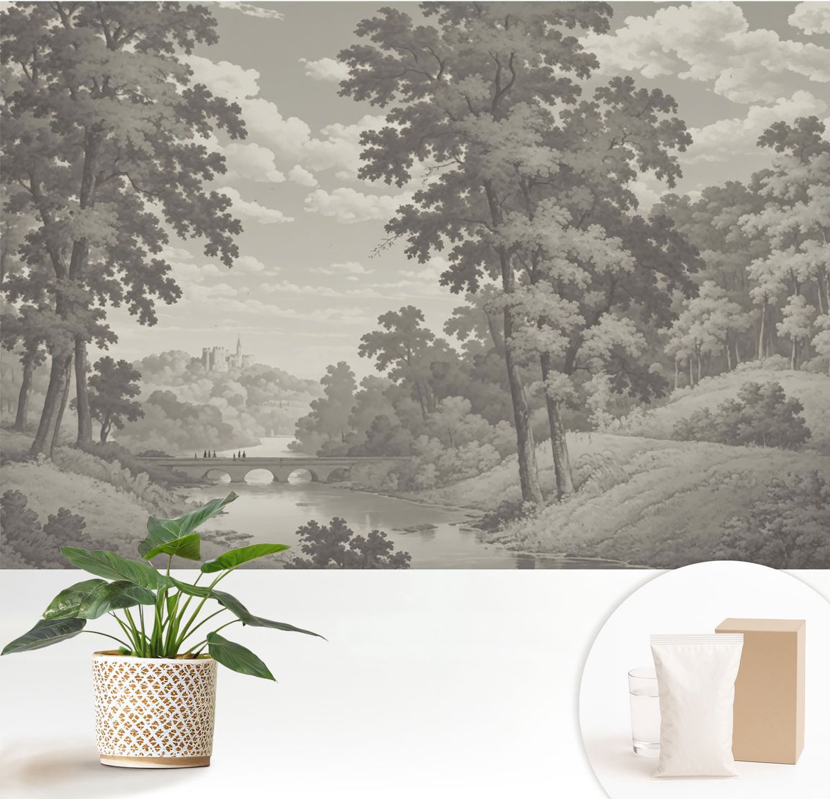 Wallfluent Fotobehang - Grijs Vliesbehang - 152x104 cm - Kasteel En Brug Fotobehang Vlies - Woonkamer behang Landschappen - Muurschildering - Woonkamer behang