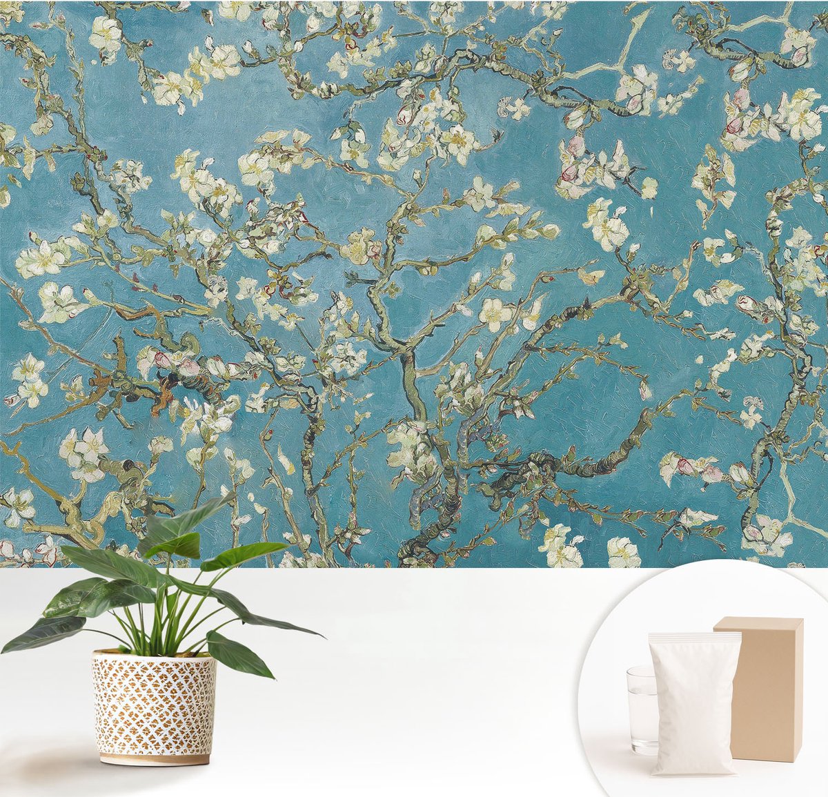 Wallfluent Fotobehang - Blauw Vliesbehang - 152x104 cm - Bloeiende Takken Fotobehang Vlies - Woonkamer behang Bloemen En Planten - Muurschildering - Woonkamer behang