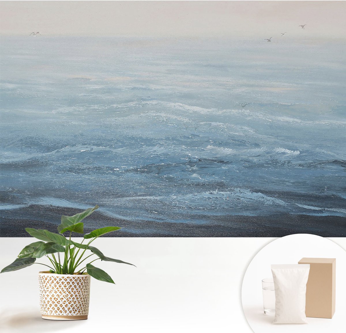 Wallfluent Fotobehang - Blauw Vliesbehang - 152x104 cm - De Zee Is Kalm. Muurschildering - Gang behang Landschappen - Fotobehang Vlies - Slaapkamer behang