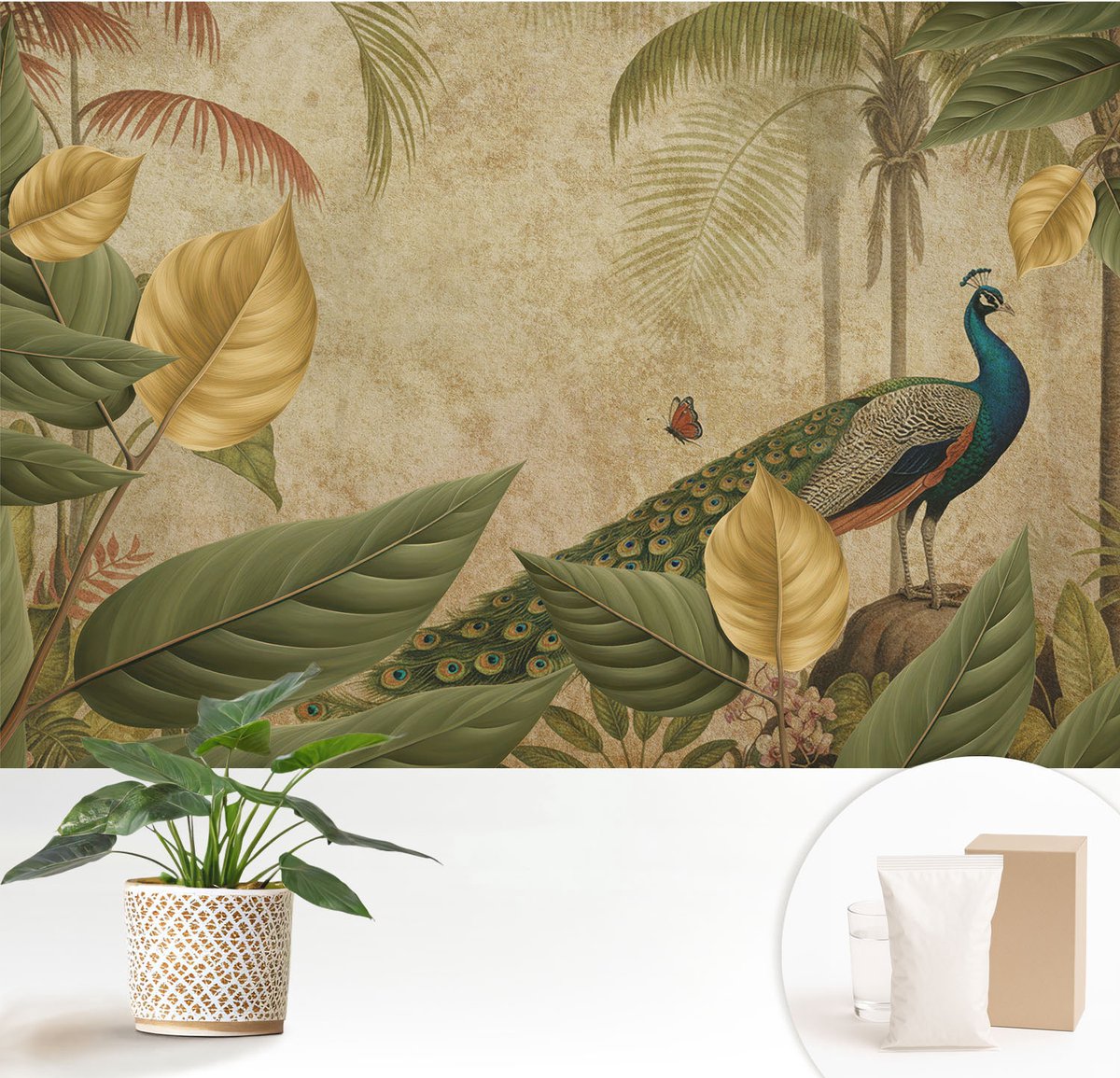 Wallfluent Fotobehang - Grijs Vliesbehang - 152x104 cm - Exotische Vogel Fotobehang Vlies - Woonkamer behang Bloemen En Planten - Muurschildering - Woonkamer behang