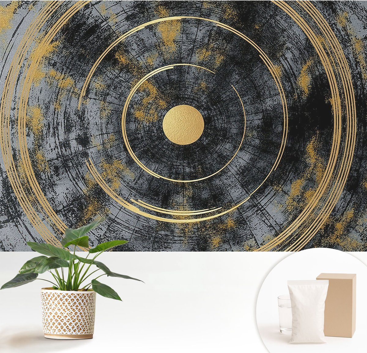 Wallfluent Fotobehang - Zwart Vliesbehang - 152x104 cm - Kosmische Dynamiek Muurschildering - Gang behang Geometrie - Fotobehang Vlies - Slaapkamer behang