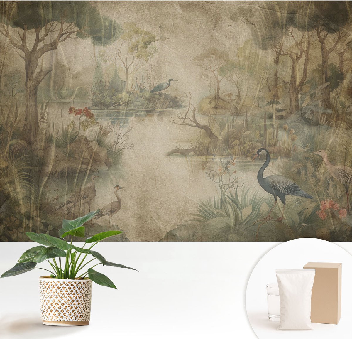 Wallfluent Fotobehang - Beige Vliesbehang - 152x104 cm - Boslandschap Muurschildering - Gang behang Bloemen En Planten - Fotobehang Vlies - Gang behang