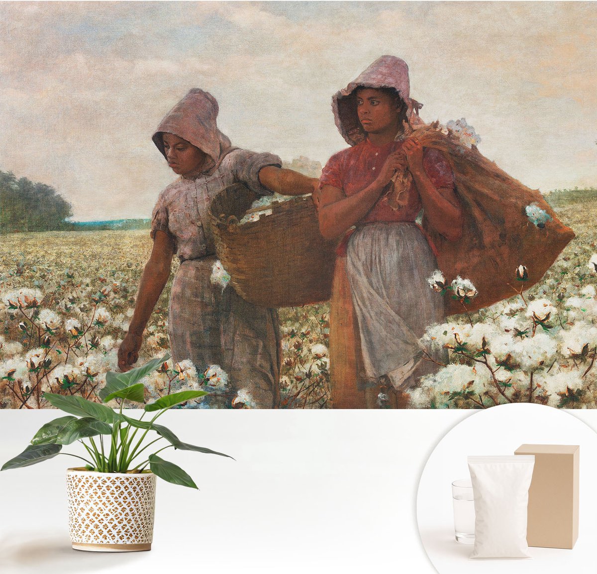Wallfluent Fotobehang - Wit Vliesbehang - 152x104 cm - Werken In Het Veld Muurschildering - Gang behang Mensen - Fotobehang Vlies - Slaapkamer behang