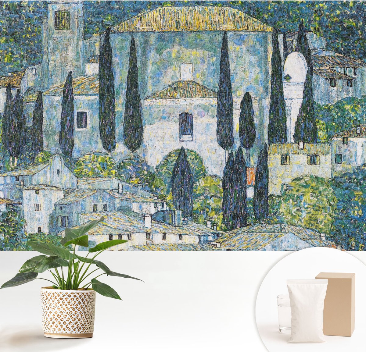 Wallfluent Fotobehang - Blauw Vliesbehang - 152x104 cm - Cypress Huizen Fotobehang Vlies - Hal behang Landschappen - Muurschildering - Woonkamer behang