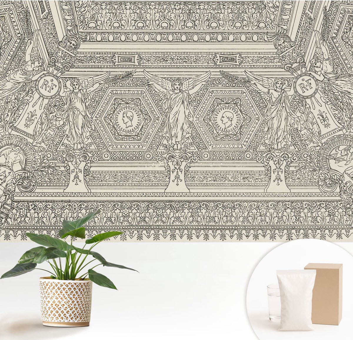 Wallfluent Fotobehang - Wit Vliesbehang - 152x104 cm - Klassiek Ornament Fotobehang Vlies - Hal behang Achtergronden En Patronen - Muurschildering - Woonkamer behang
