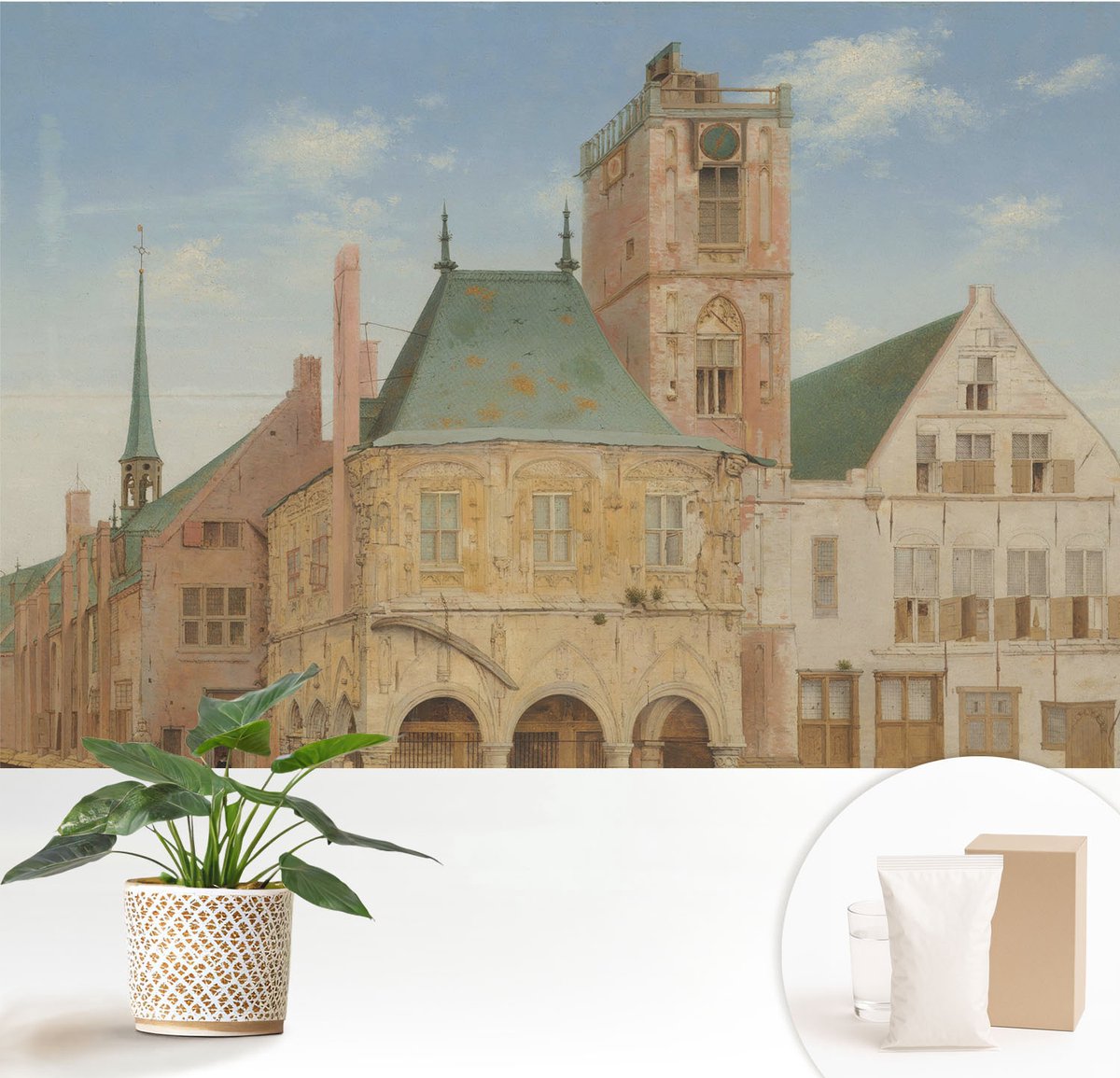Wallfluent Fotobehang - Blauw Vliesbehang - 152x104 cm - Historisch Stadhuis Fotobehang Vlies - Hal behang Architectuur - Muurschildering - Woonkamer behang