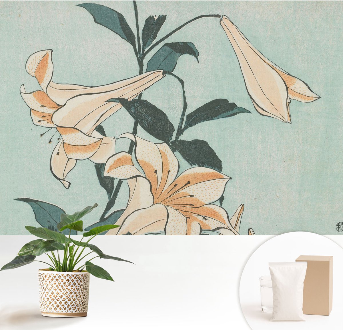 Wallfluent Fotobehang - Zwart Vliesbehang - 152x104 cm - Delicate Lelies Fotobehang Vlies - Woonkamer behang Bloemen En Planten - Muurschildering - Woonkamer behang