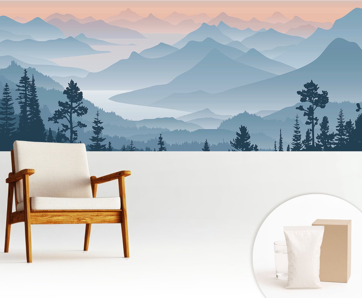 Wallfluent Fotobehang - Zwart Vliesbehang - 250x104 cm - Bergpanorama Fotobehang Vlies - Hal behang Landschappen - Muurschildering - Woonkamer behang