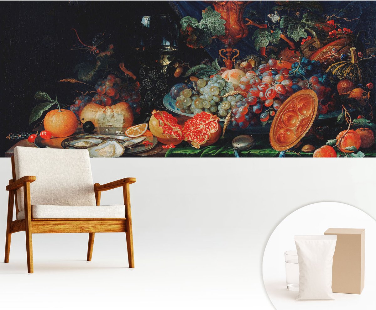 Wallfluent Fotobehang - Zwart Vliesbehang - 250x104 cm - Overvloed Aan Vruchten Fotobehang Vlies - Woonkamer behang Voedsel - Muurschildering - Woonkamer behang