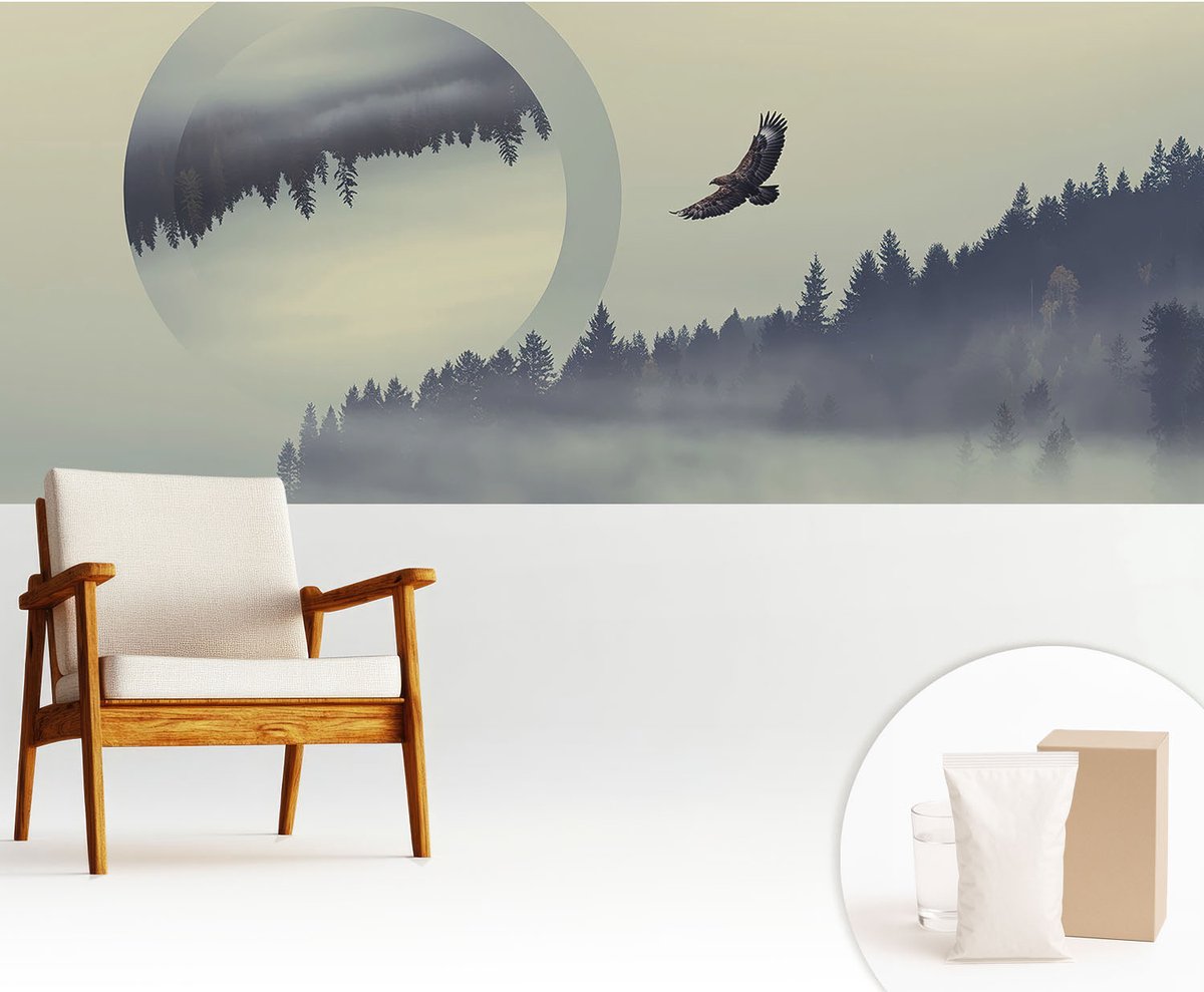 Wallfluent Fotobehang - Grijs Vliesbehang - 250x104 cm - Boslandschap Fotobehang Vlies - Woonkamer behang Landschappen - Muurschildering - Hal behang