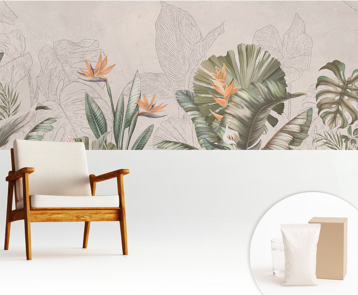 Wallfluent Fotobehang - Beige Vliesbehang - 250x104 cm - Tropische Bloemen Muurschildering - Slaapkamer behang Bloemen En Planten - Fotobehang Vlies - Slaapkamer behang