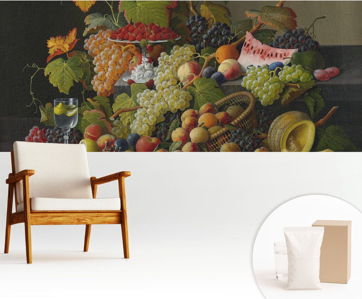 Wallfluent Fotobehang - Wit Vliesbehang - 250x104 cm - Fruitsamenstelling Fotobehang Vlies - Woonkamer behang Voedsel - Muurschildering - Woonkamer behang
