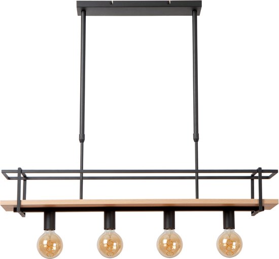Zwarte hanglamp met houten accent en vier zichtbare Edison-stijl lampen.