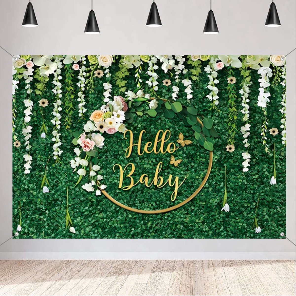 Hello Baby Background for Baby Shower Green Leaves Gender Neutral Children Photography Background Newborns Party - ShopVlot