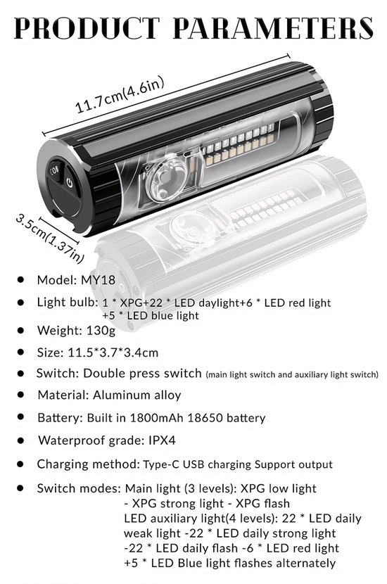 LED-fietsverlichtingsset – Voorlicht – Oplaadbaar via USB – Geschikt voor mountainbikes en racefietsen – Waterdicht ontwerp – Nood-powerbank voor telefoons — afbeelding 5
