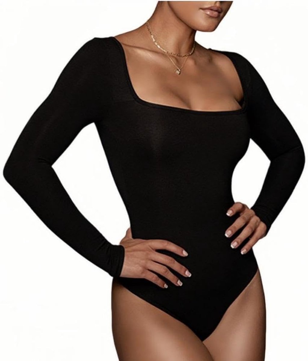 Body Women's Long Sleeve Elegant Bodysuit Tops Sexy Square Neck Long Sleeve Bodysuits Slim Women's Body Underbody - ShopVlot