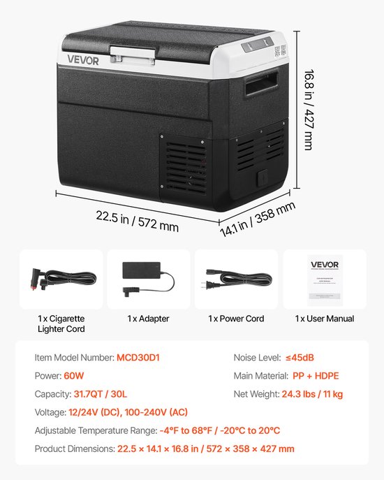 VEVOR Compressor Koelbox 30L, Draagbare Autokoelkast met Instelbare Temperatuur & App Bediening, Koelkast 12/24V DC en 100-240V AC voor Buitenactiviteiten Zoals Kamperen, Reizen en Campers van Vevor — afbeelding 5