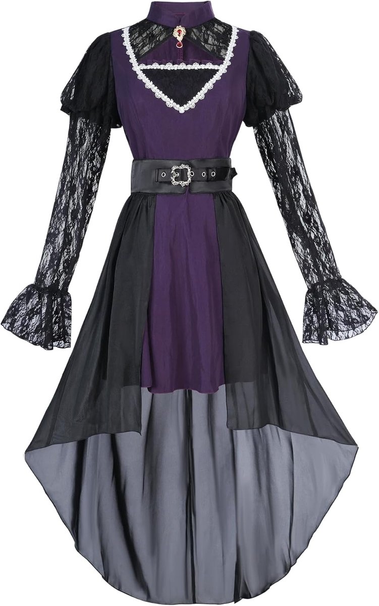 Halloween jurk dames paars zwart lange mouwen kant asymmetrisch tule heksenkostuum voor carnaval cosplay party