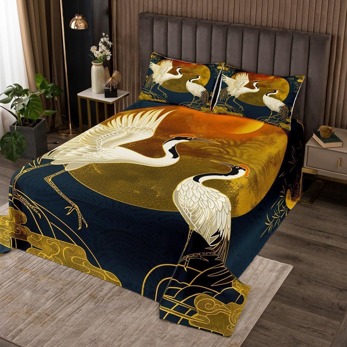 Schattige kraan dekbed met 2 kussenschalen zon wolken strepen Coverlet M maat retro Ukiyoe bladprint beddengoed quilted