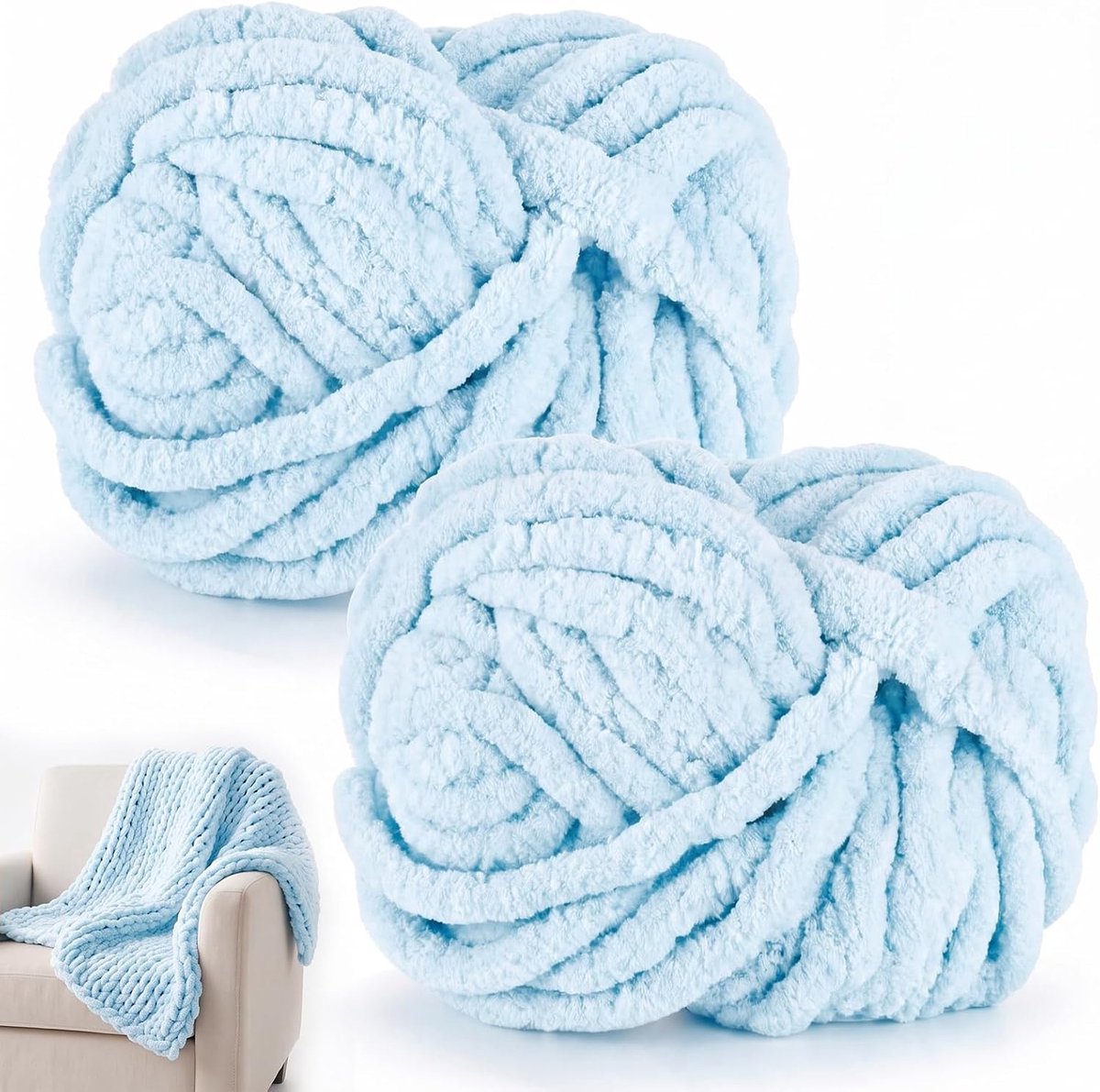 Wol om te breien, 250 g x 2 chunky garen voor handbreien, pluizige zachte wol, XXL-armbreiwol voor het haken van dekens, sjaals, mutsen, huisdiernest (02 lichtblauw)