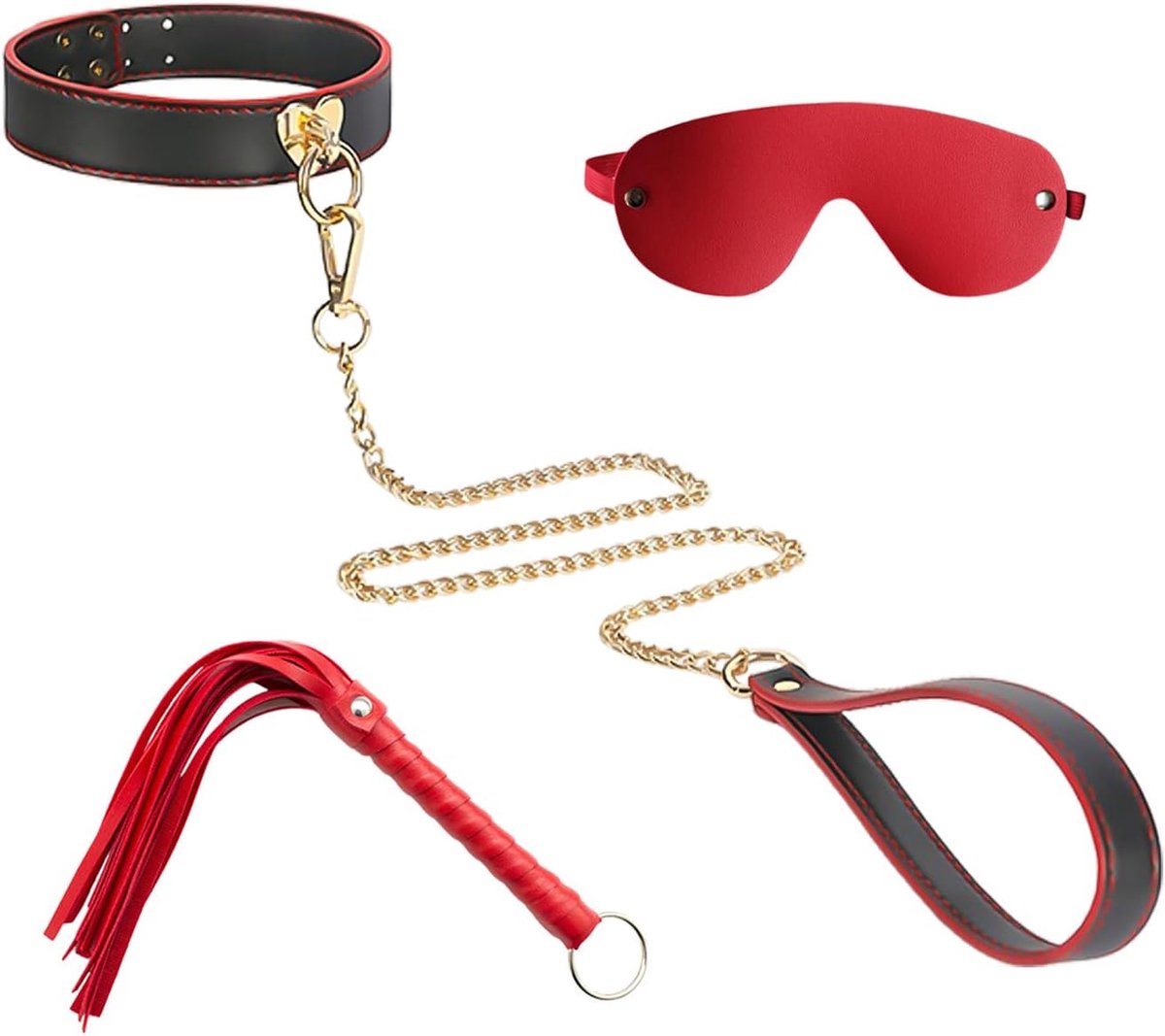 1 Stuk Rode En Zwarte Kraag, 1 Stuk Zweep En 1 Stuk Oogmasker, Metgezel Leuk Pak, Elee En Luxe Ketting.