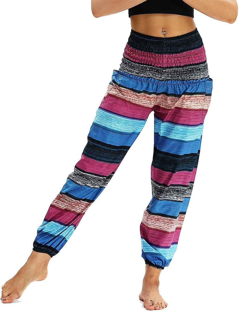 Thaise hippiebroek voor dames, boho, vintage, patroon, gesmokte taille met zakken, lichte yogabroek