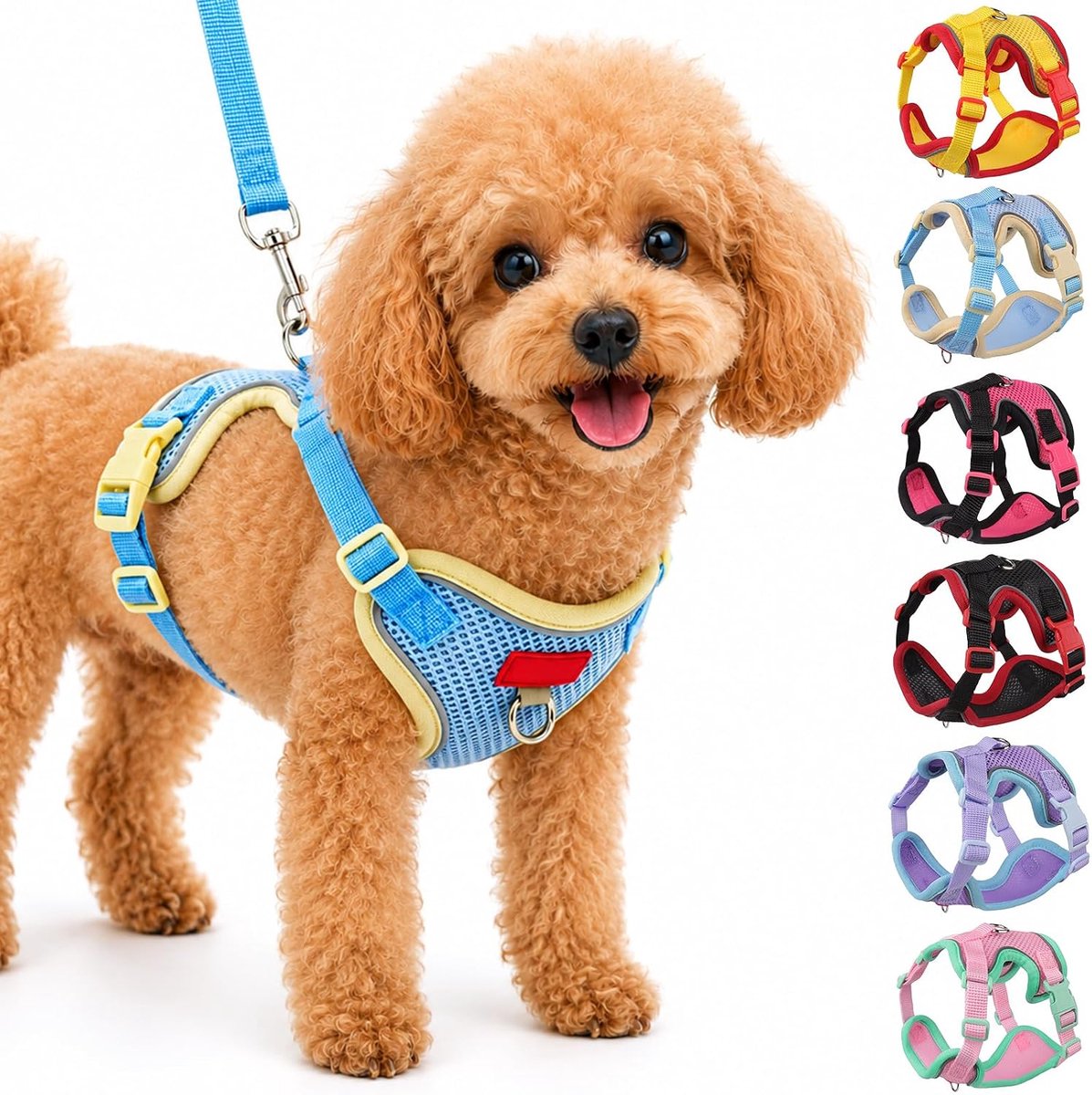 Set met riem en harnas voor kleine tot middelgrote honden en katten, reflecterend ademend puppyharnas uit zacht mesh, geen verstikking, verstelbaar, lichtgewicht, comfortabel huisdiervest