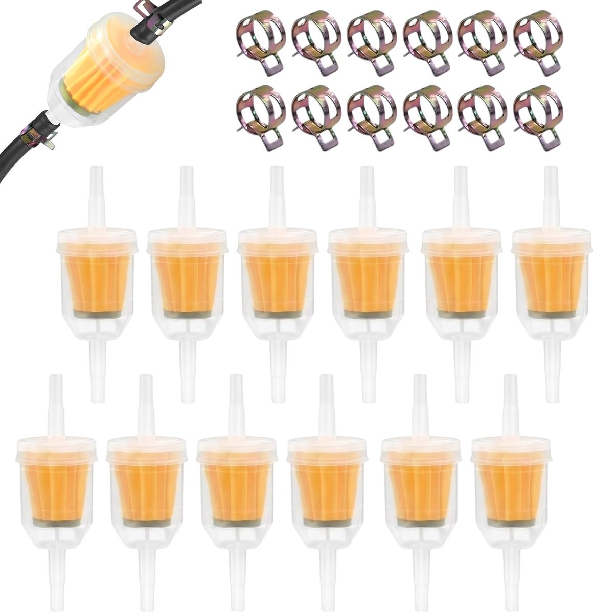 Brandstoffilter 6 mm/8 mm, 12 stuks benzinefilters met 12 slangklemmen, in-line brandstoffilter, dieselfilter voor - ShopVlot