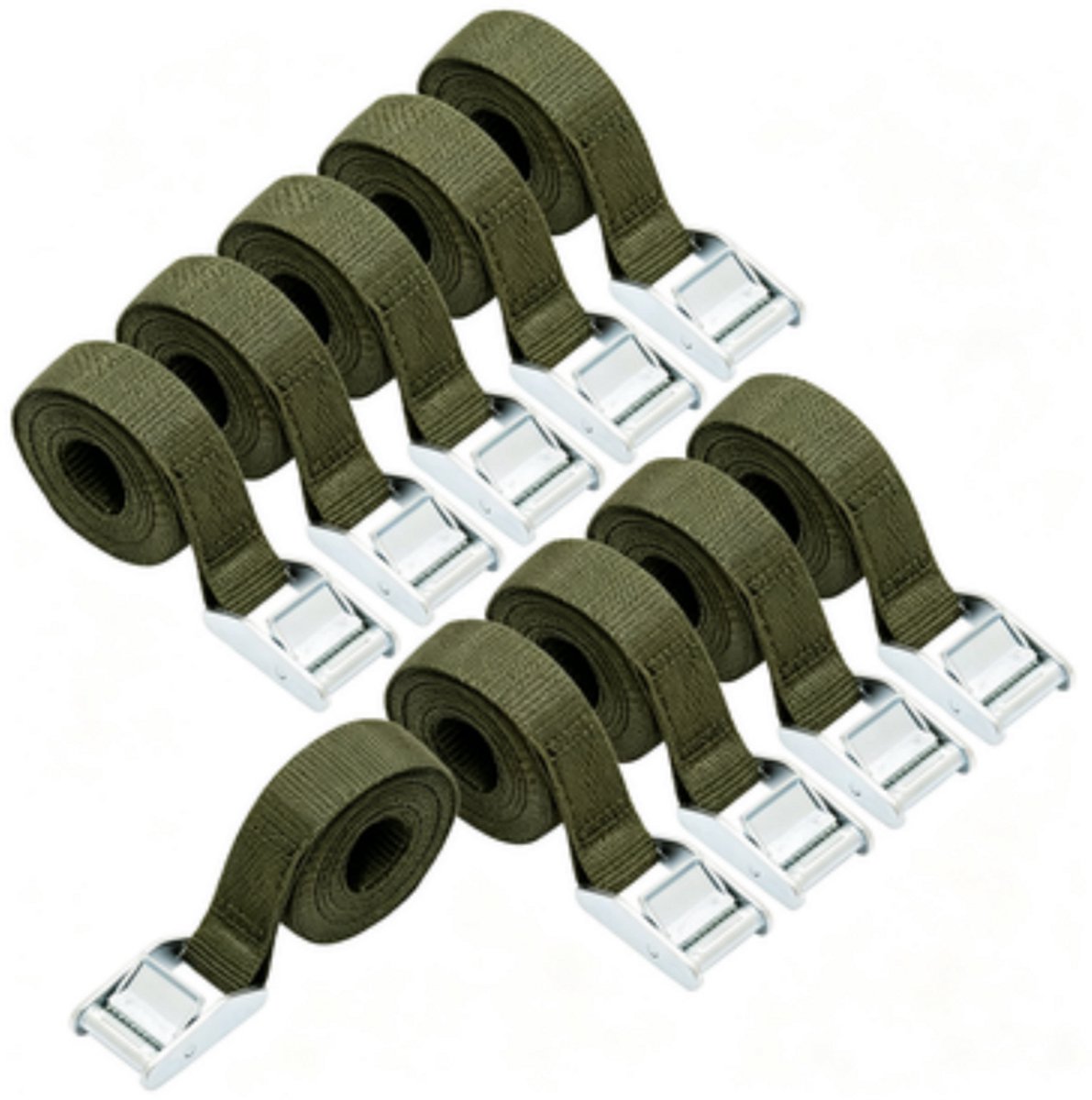 Spanbanden – 2,5 m lang, 25 mm breed – Draagvermogen 150 kg – Set van 10 – Banden met klemgesp van zinklegering voor ladingzekering – Legergroen