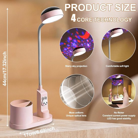 Dimbare LED Tafel Lamp voor Kinderen met Penhouder en Sterrenprojectie, Oplaadbare Leeslamp met 360° Verstelbare Hals in Roze — afbeelding 5