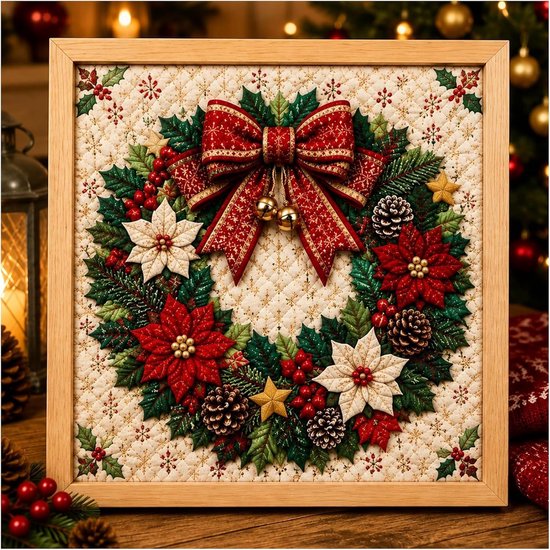 Kinusaiga Fabric Art Kit, DIY 3D Christmas Poke‑Art Craft Kit voor volwassenen, feestelijke no-Sew Textiel Hobby Set, Kerstkrans