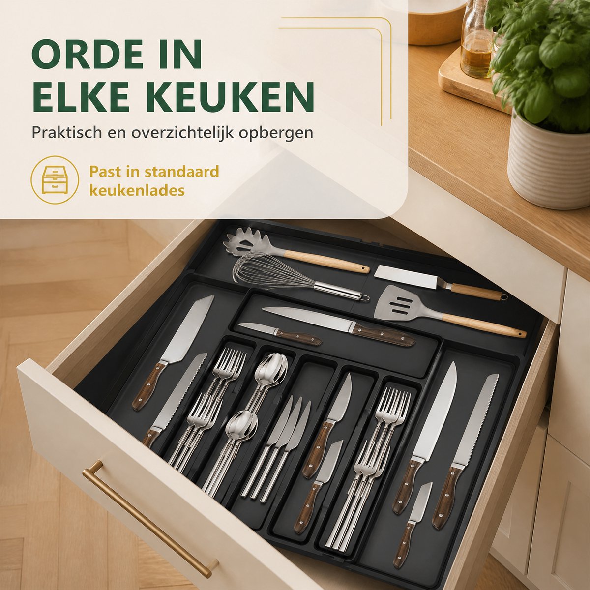 Uitschuifbare Bestekbak 9 Vakken - Besteklade Organizer - Uitbreidbare Bestekhouder voor Keukenlade - Bestekbak voor Messen Lepels en Vorken - Zwart