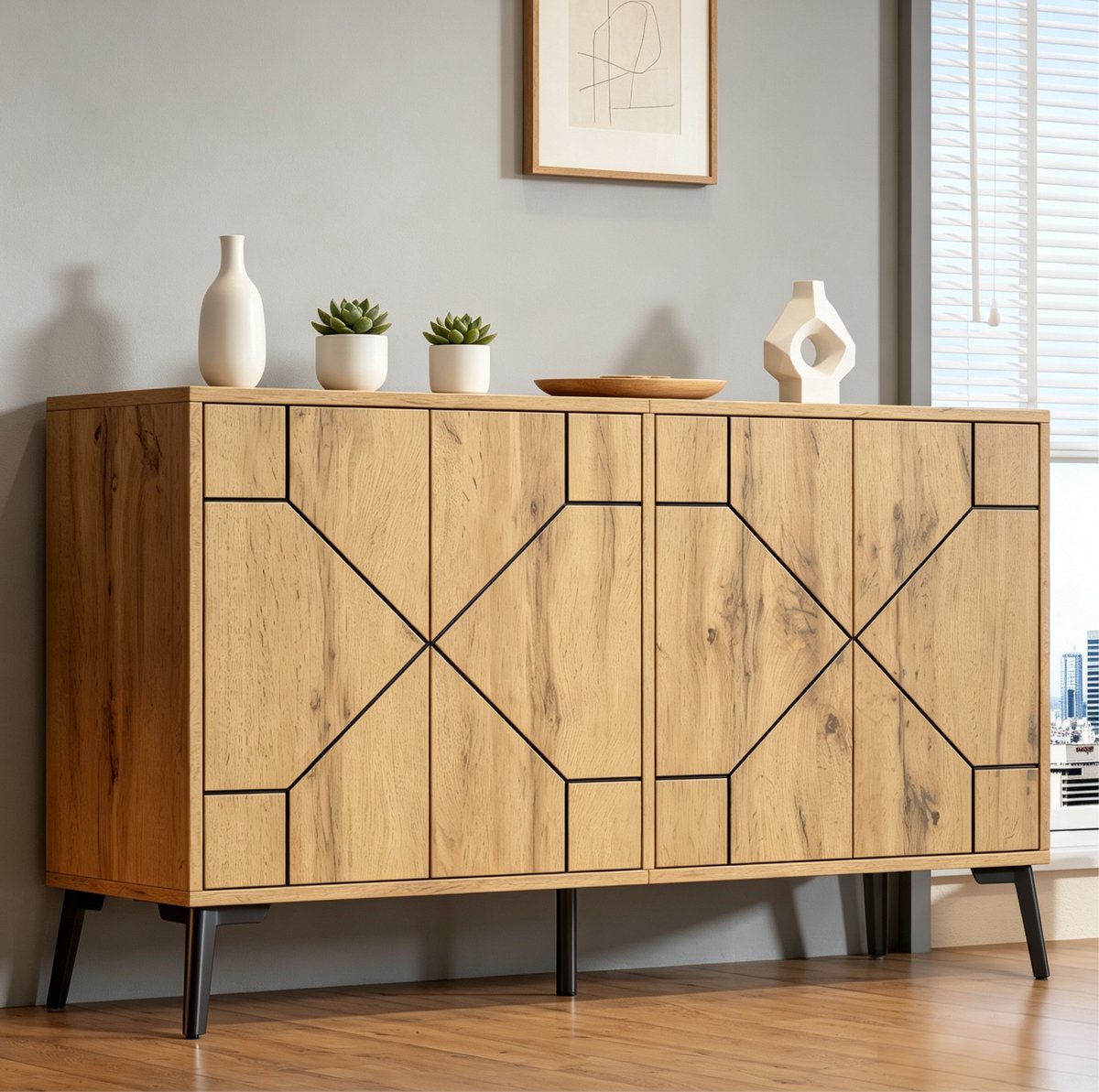 REDOM Dressoir - 4 deuren met druksluiting - 4 opbergvakken - MDF en metaal - Industriële stijl - Naturel - 120 x 35 x 69 cm
