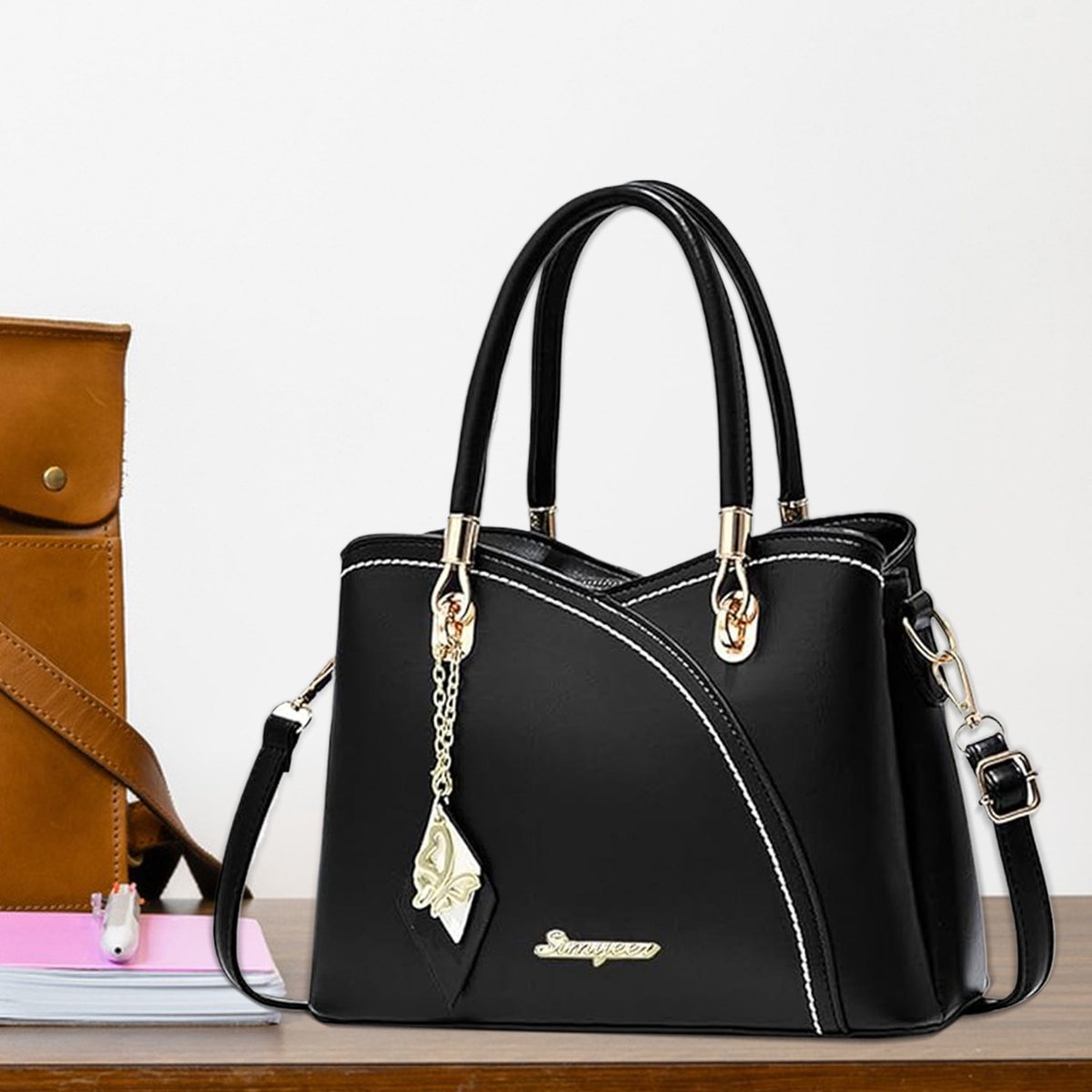 CHICFURN dames handtas voor dagelijks gebruik, geschikt voor werk, winkelen, reizen, vakanties en afspraken, elegante zwarte tas met schouderriem, meerdere draagmogelijkheden, PU materiaal, gouden accessoires en praktische opbergvakken