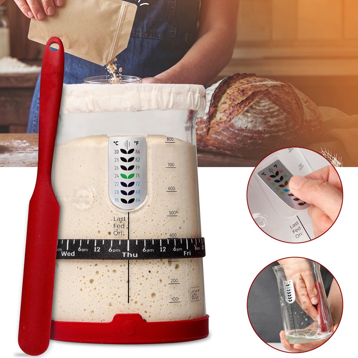 Glazen Starterset Voor Zuurdesem - Startpakket Voor Brood - 1000ml Grote Pot Voor Zuurdesemstarter - Bakbenodigdheden