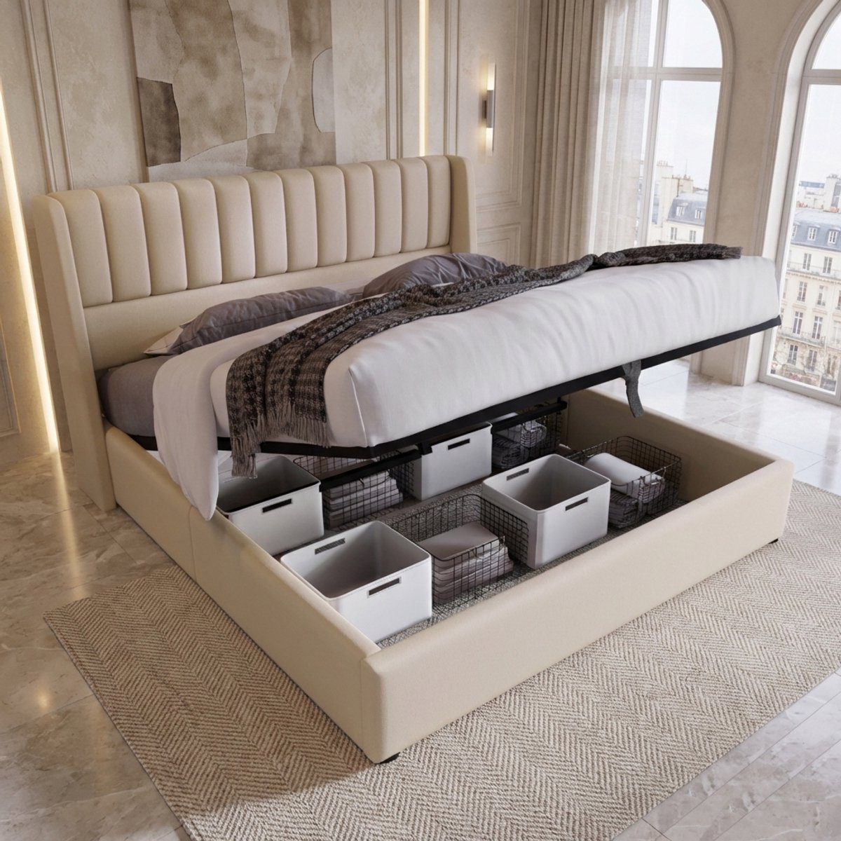 Gestoffeerd Opbergbed 160x200 met Hydraulische Lift – Tweepersoonsbed met Lattenbodem en Hoofdbord – Linnen Beige – Zonder Matras