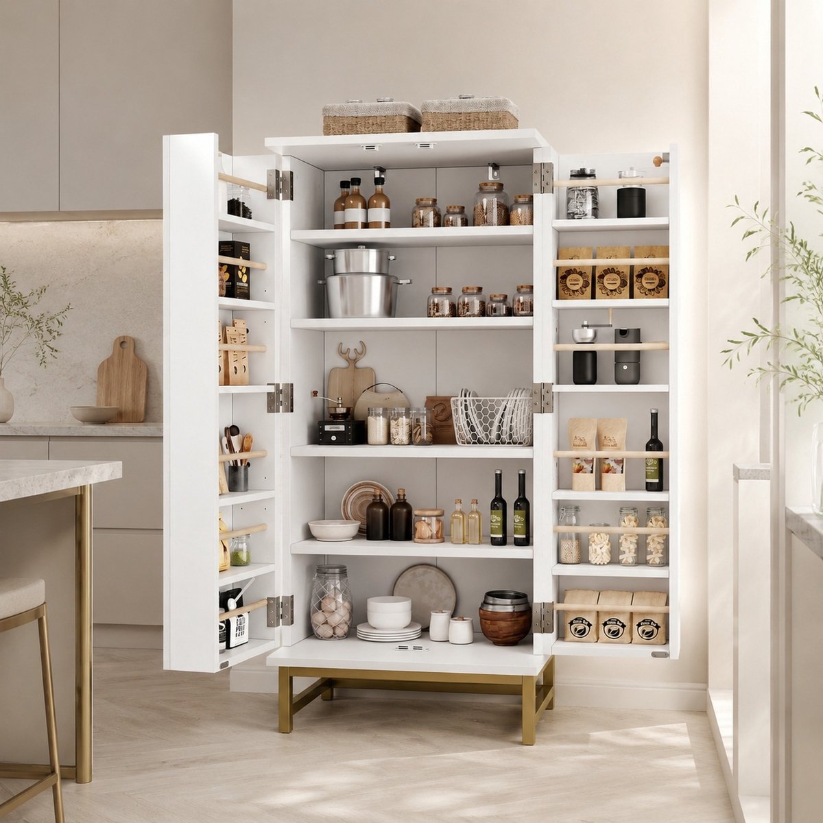 REDOM - Keukenkast - Verstelbare legplanken - Deurvakken voor kruiden en dranken - Gouden handgrepen - Keuken en eetkamer - Spaanplaat - Wit - 60 x 40 x 130 cm