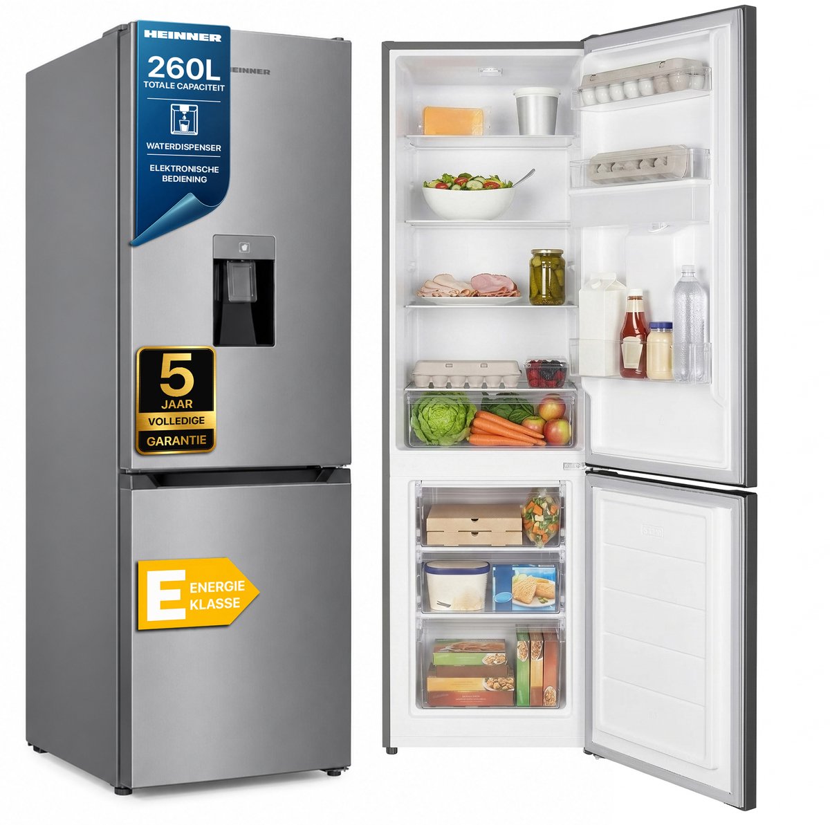 Heinner HC-HM260XWDE++ Koel-vriescombinatie met Waterdispenser RVS 260 L – Vrijstaand – Instelbare Thermostaat – Omkeerbare Deur – 5 Jaar Garantie