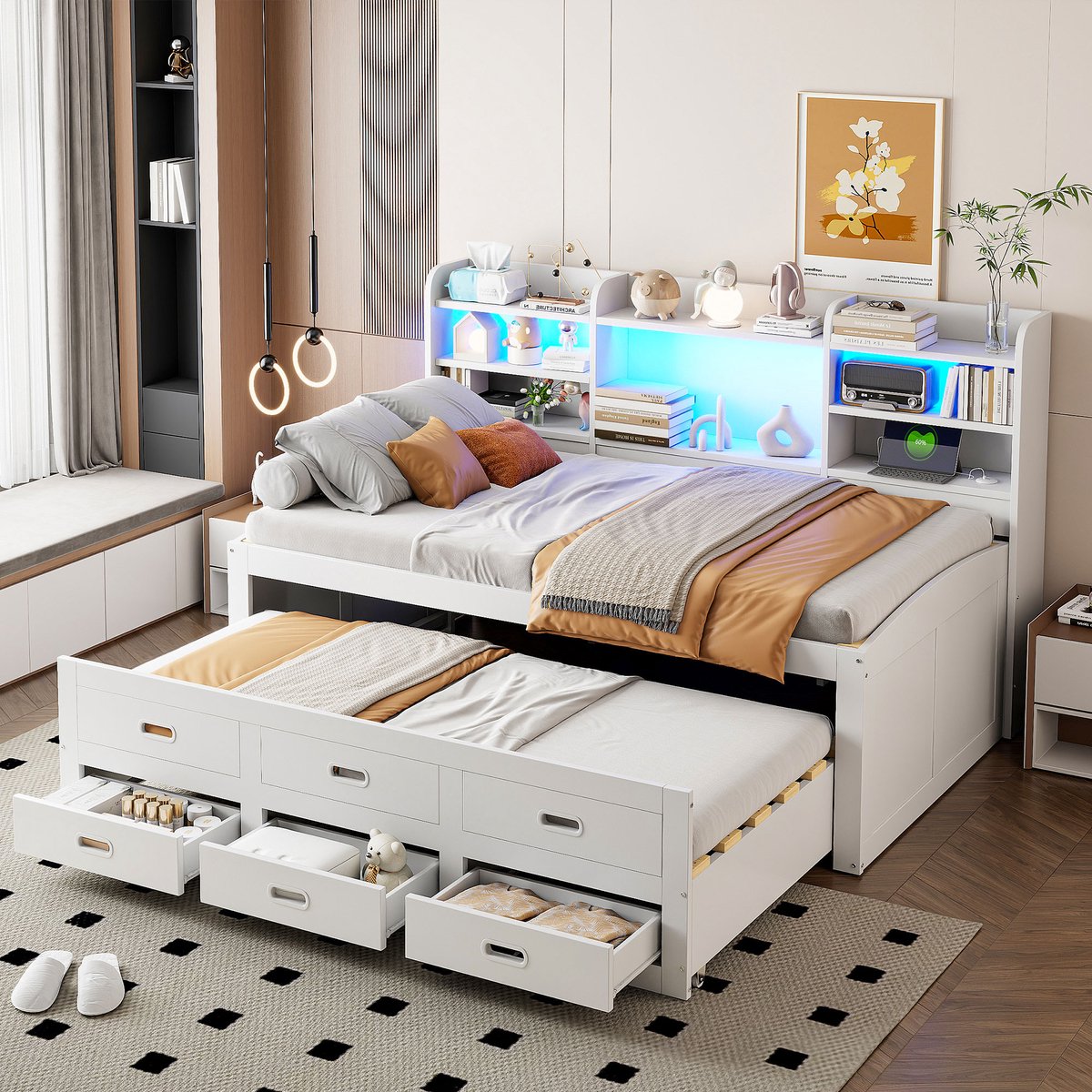 Sweiko Houten bed - Slaapbank - 90 x 200cm - LED-verlichting - 3 lades - Met uitschuifbaar bed - USB/Type-C - Wit
